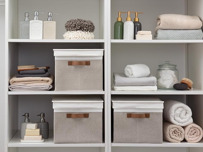StorageWorks Fabric Storage Bins with Lids, Decorative Storage Bins with PU Handles, Foldable Storage Baskets for Closet, Shelves, Stackable and Sturdy Organization, Brown and White, Jumbo, 3-Pack
