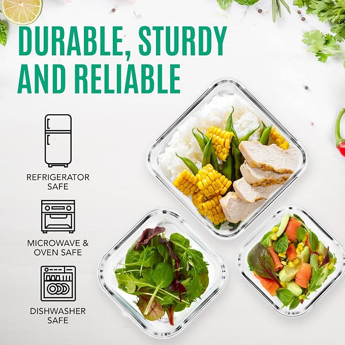 Razab 6 PC Square Glass Food Storage Containers with Airtight lids (74, 40 & 18 oz) Kitchen Glass Meal Prep Containers Set for Freezer Reusable Leftover Lunch Boxes, Oven, Microwave, Dishwasher Safe