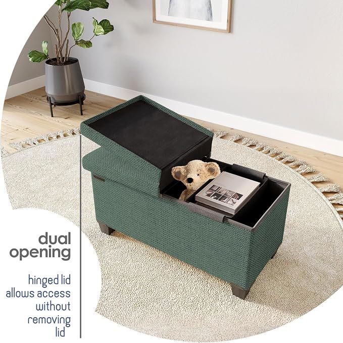 Storage Ottoman Bench with Bins, 30-in Storage Bench for Bedroom End of Bed, Folding Foot Rest Ottoman for Living Room Max 660lbs, Fabric Ottomans, Green