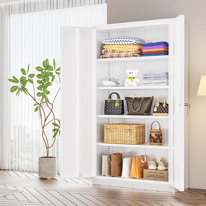 INTERGREAT White Metal Storage Cabinet, 72" Locking Steel Cabinets with 2 Door and 4 Adjustable Shelves, Tall Metal Cabinet for Home Office, Garage, Warehouse