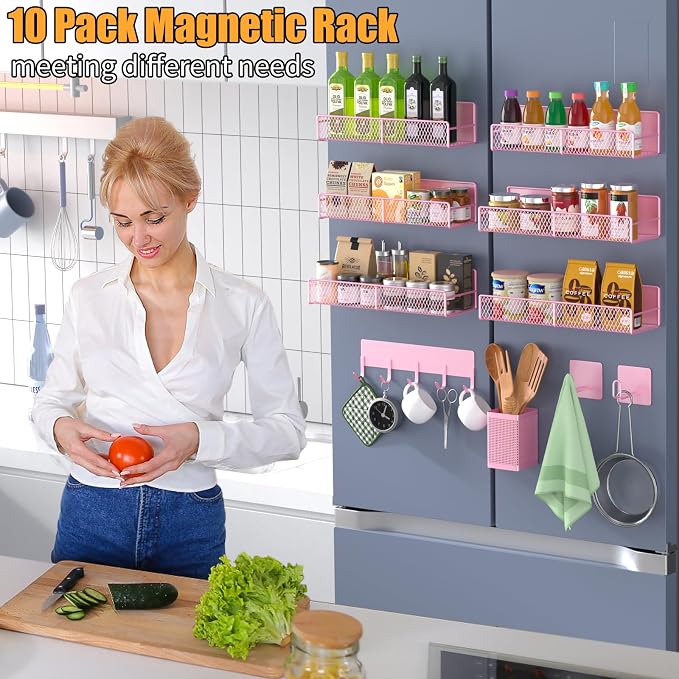 Magnetic Spice Rack for Refrigerator, 10 Pack Metal Magnetic Shelf, Moveable Spice Organizer with Hook Rack, Paper Towel Holder, Kitchenware Holder, Strong Magnetic Storage Fridge Organizer Pink