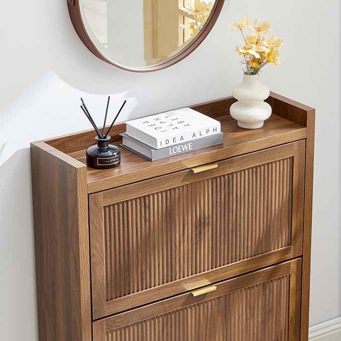 Fluted Shoe Storage Cabinet with 2 Flip Door for Entryway | Farmhouse, Walnut color, Adjustable shelves, Tabletop guardrail, Freestanding shoe storage cabinet, for Entryway/hallway