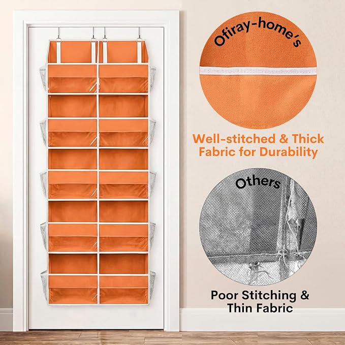 Over The Door Organizer 5 Tiers, Extra Large Behind Door Storage of 10 Compartments, 80 lbs Weight Capacity Hanging Storage Organizer with Clear Window Kids Toys,Shoes,Diapers,Room Storage,Orange