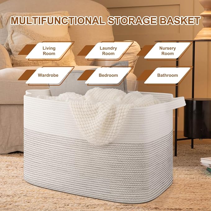 OIASKET 108L Cotton Rope Storage Basket for Living Room and Bedroom 25"x16"x16" Woven Laundry Basket, Heavy Duty Bin for Blankets, Pillows & Toys, Pet-Safe & Scratch-Free, Black and White