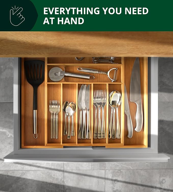 ROYAL CRAFT WOOD Luxury Bamboo Kitchen Drawer Organizer - Silverware Organizer, Utensil Holder & Cutlery Tray Drawer Dividers for Flatware (9 Slot, Natural)