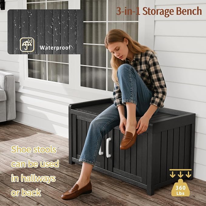 2-Tier Storage Bench, 2 Doors Waterproof Resin Shoe Bench with Adjustable Shelves - Entryway Bench with Seating, Indoor & Outdoor Use for Bedroom, Hallway, Living Room, Black