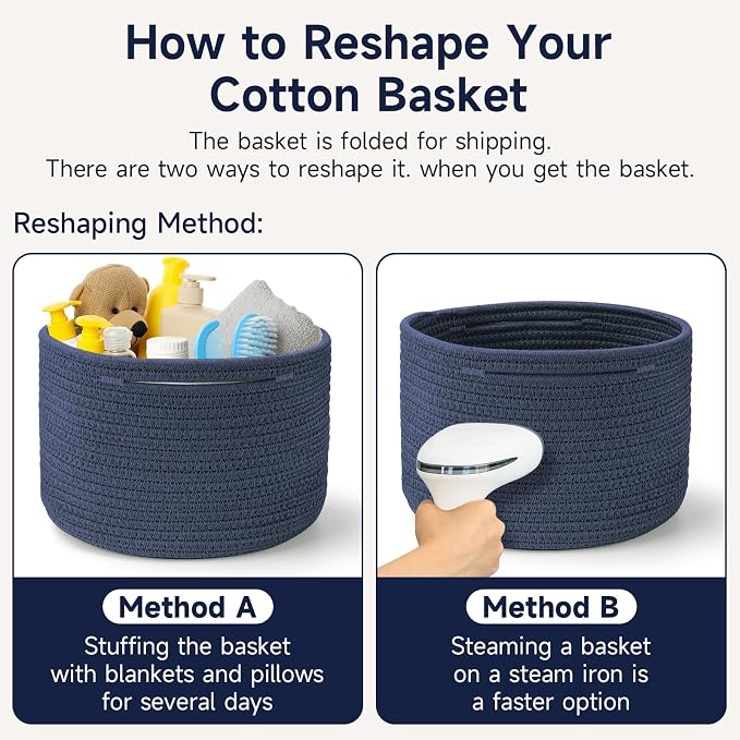 3 Pack Small Rope Storage Baskets, 9.82×9.82×7.1", Navy Blue | Cotton Basket for Gifts Empty, Cute Round Woven Basket, Decorative Shelf Basket Organizer, Organizing Basket for Shelves