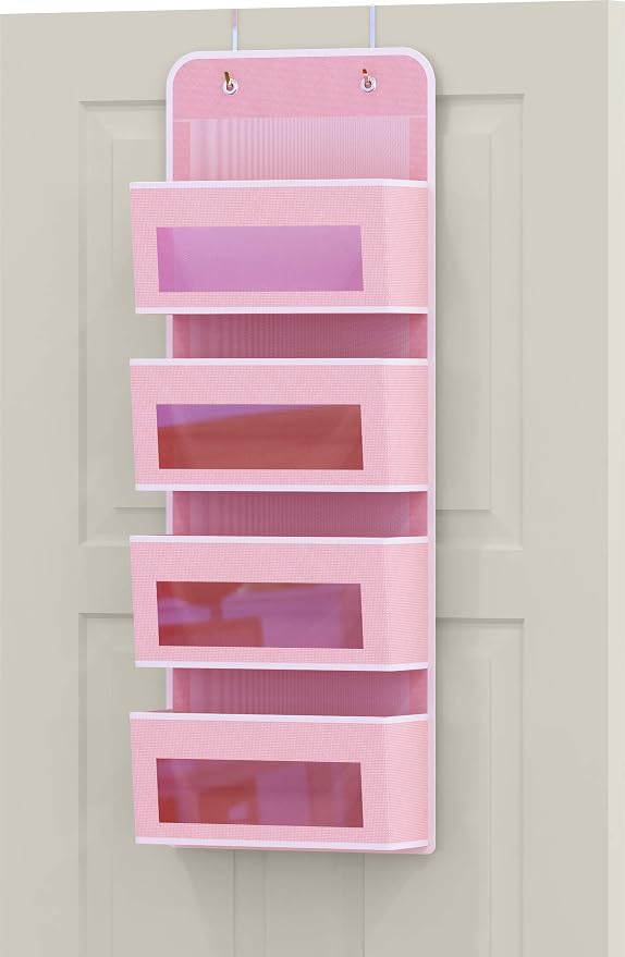 Simple Houseware 4 Clear Window Pocket Over Door Hanging Organizer, Pink | Over the Door Storage for Closet, Bedroom, Bathroom, Pantry