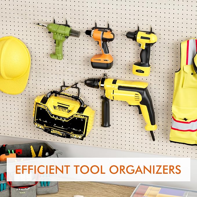 Utility Heavy Duty Pegboard Hooks, 8Pack Peg Board Power Tool Drill Holders | Fit 1/8" 1/4" Peg Holes, Double Arm Peg Board Bracket, Rubber Coated, Large Tool Organizer for Garage Workshop Shed Craftroom