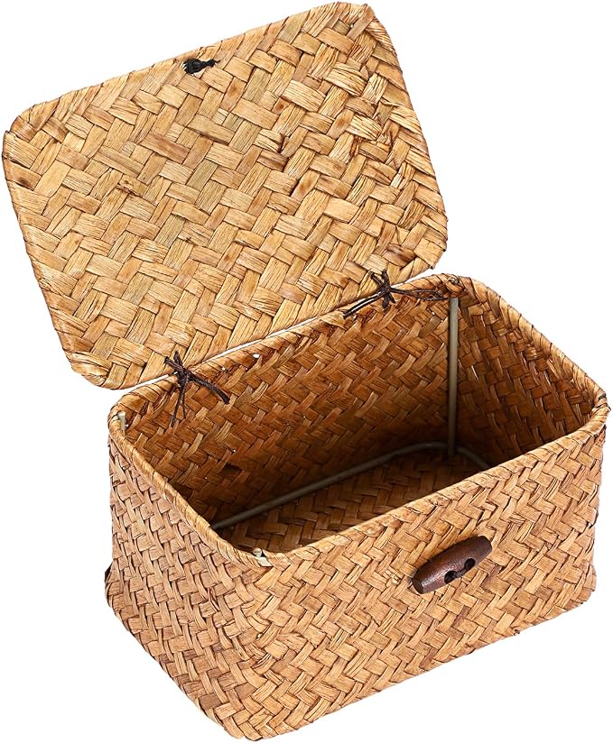 Hipiwe Seagrass Basket Key Holder Box for Entryway Tabletop Desk Organizer with Lid Handwoven Wicker Storage Bin for Hair Ties Candy, Whitewash 6.1" x 4" x 3.3"