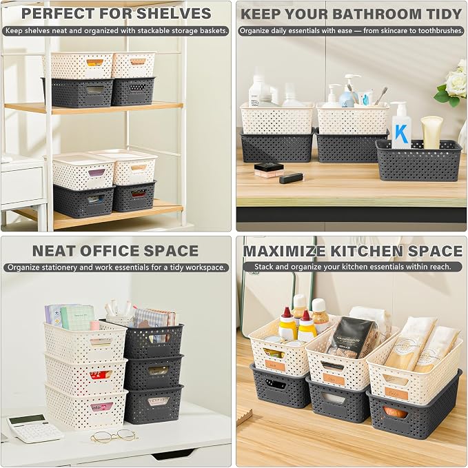 10 Pack Small Plastic Storage Bins with Lids, Stackable Plastic Storage Baskets for Organizing with Handles, Organizer Bins with Labels for Room, Craft, Containers for Pantry Organizers and Storage