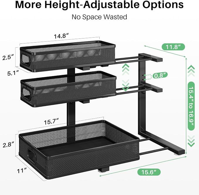 Kitstorack Under Sink Organizer, 1-Pack 3-Tier Height Adjustable Thickened Metal Pull out Cabinet Organizer Shelf, Slide out Storage Drawer Rack for Bathroom Kitchen Pantry Home Laundry Organization