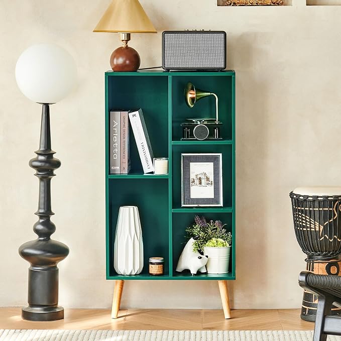 LEYAOYAO 5 Cube Bookshelf,Mid-Century Modern Bookcase with Legs,Dark Green | 3 Tier Book Shelf,Rustic Wood Bookshelves Freestanding Small Storage Organizer, Open Shelves for Bedroom, Living Room, Office