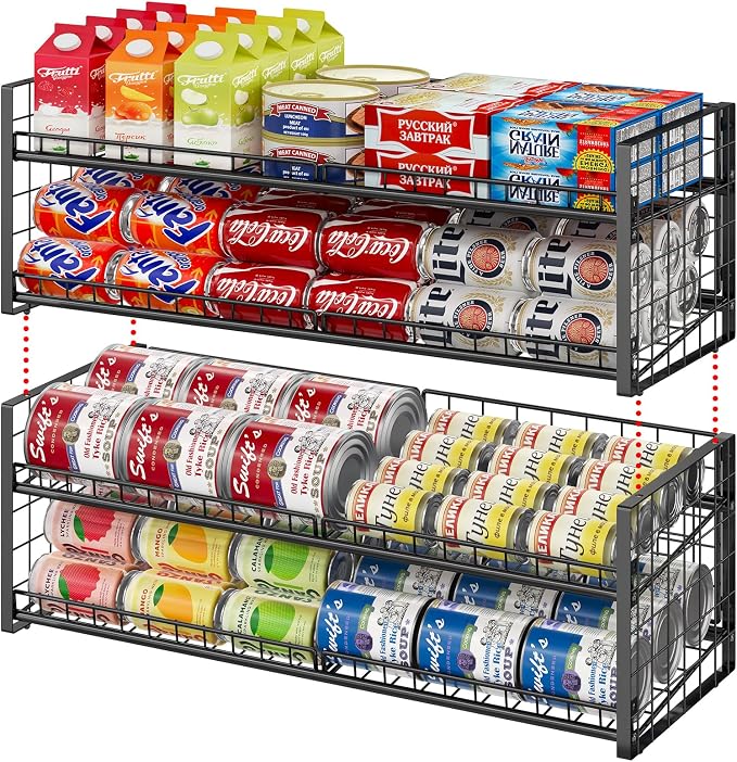 3 Tier Stackable Can Rack Organizer for Pantry Shelf, Adjustable Extra-Long Can Holder for Kitchen Storage, Sturdy Standing Rolling Can Dispenser for Canned Food Goods Drink Soup up to 96, Black