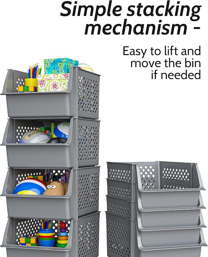 Skywin Stackable Storage Bins Open Front for Pantry Storage, 4 Pack - Grey | Sturdy Plastic, Easy Stacking, Open Front Access, Ventilated Sides, Vertical & Space Saving Pantry Organizers and Storage Bin