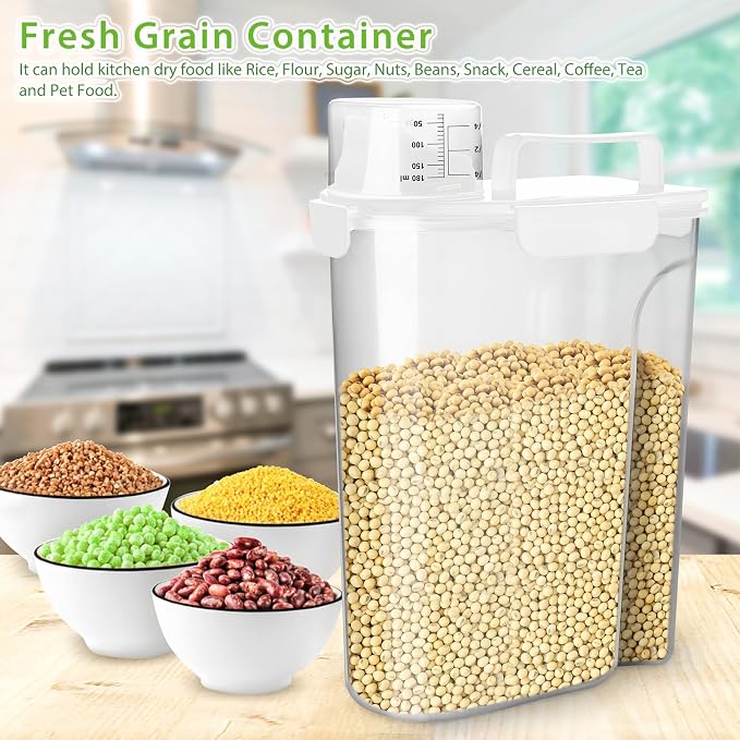 Viretec Rice Storage Container, 5 to 10lb Dry Food Airtight Dispenser, Pet Dog Cat Food Canister, BPA Free Clear Plastic Kitchen and Pantry Organization Bin for Oatmeal, Cereal, Pasta, Flour White