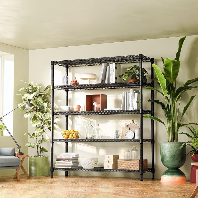 IZEUK 5-Tier Adjustable Heavy Duty Metal Storage Shelving Unit, Wide Utility Rack Organizer for Garage, Basement, Kitchen, Office, Warehouse (Black, 17.7" D x 59.1" W x 70.9" H)