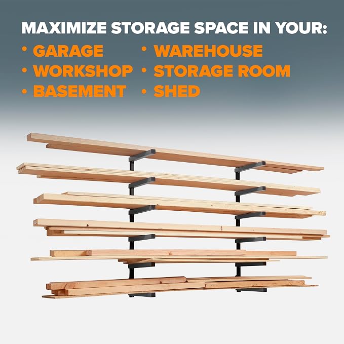 BORA Wood Rack, 6-Level Wall Mount Lumber Storage Rack for Wood Storage | Metal 6-level wall mount wood rack for lumber storage board storage and material shelving
