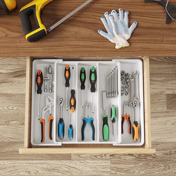 Lifewit Utensil Organizer for Kitchen Drawers, Expandable Cooking Utensil Tray, Adjustable Cutlery Silverware Flatware Holder, Plastic Spatula Tools Storage Divider, 11-18 x 14", White