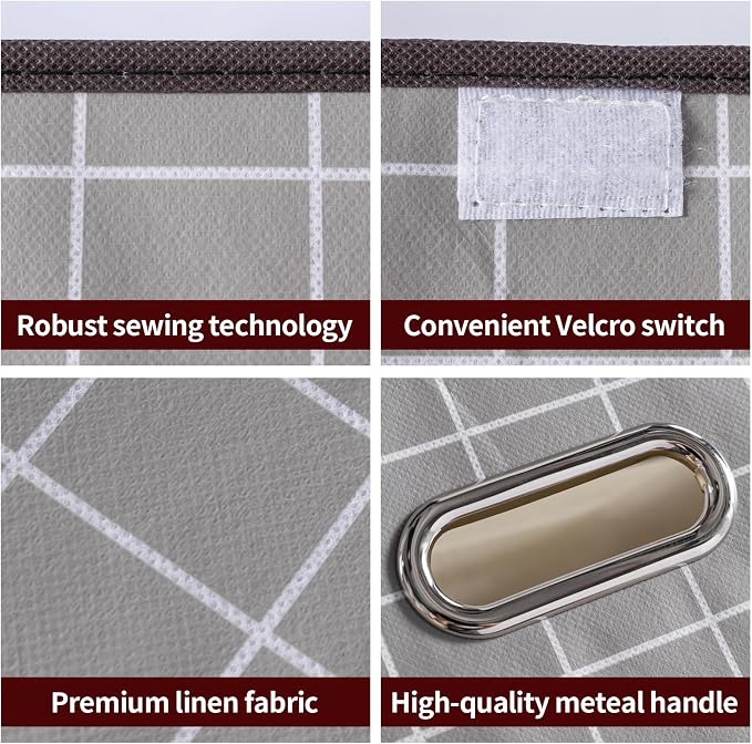 STOREONE Fabric Storage Cube Bins Foldable Organizer Container Collapsible Basket with Lids and Metal Handles, for Home, Bedroom, Closet 3 Pcs (Grey grid)