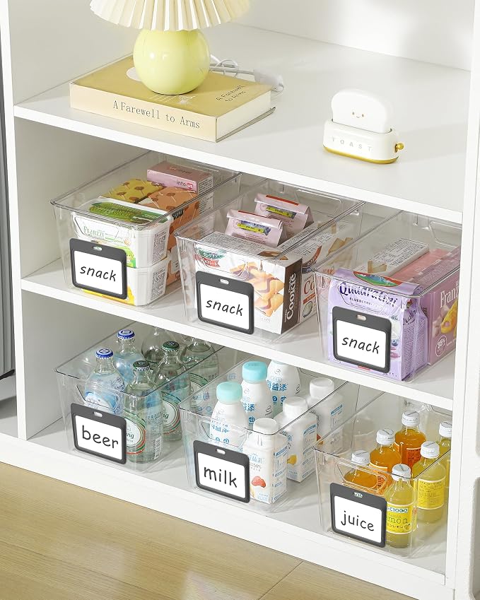 iCASA 6-Pack Clear Fridge Organizers and Storage Bins Container with Labels | Plastic Refrigerator Organizer Bin for Organizing, Home Organization Must Haves for Kitchen Under Sink Cabinet Pantry Shelf