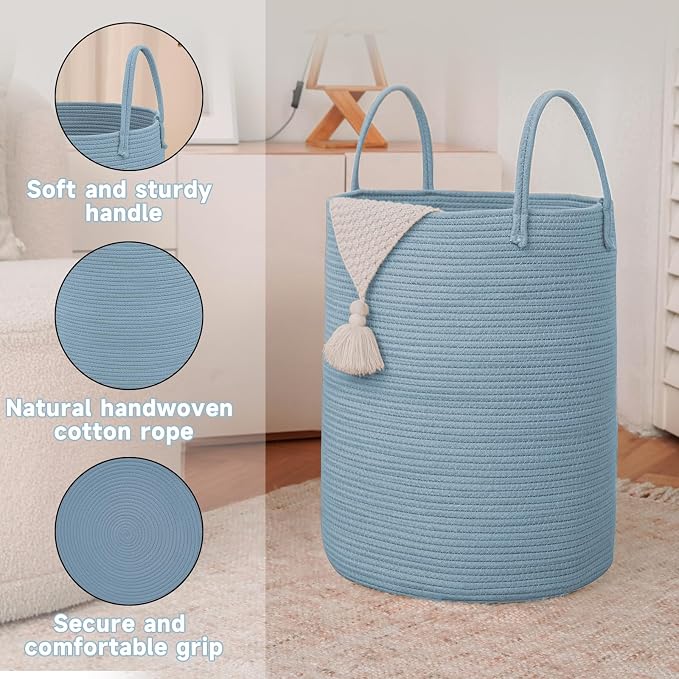 JMvicyroam 60L Cotton Rope Laundry Basket Hamper, Blue | Collapsible laundry basket, reinforced handles, freestanding, machine washable, holds 3-5 thick blankets, clothes or toys