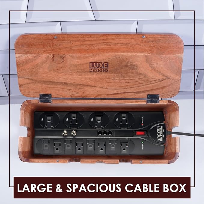 Acacia Cable Management Box - Rustic Design (Front Slots, Large) | Acacia Wood, Cable Organizer, Rustic Style, Modern Design, Desktop Storage