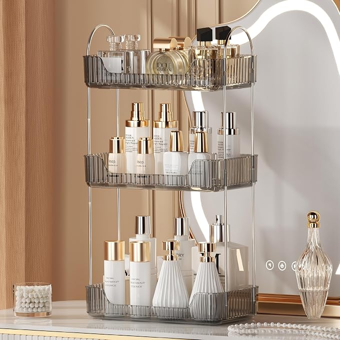 Akinbas 3 Tier Bathroom Organizer Countertop Makeup Perfume Tray Skincare Organizer for Bathroom Dresser Vanity (Grey)