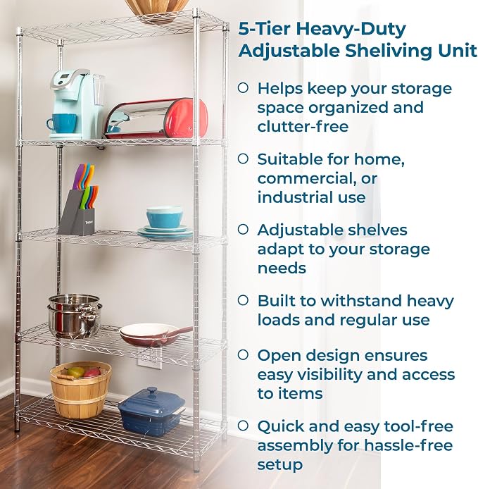 Honey-Can-Do 5-Tier Heavy Duty Adjustable Shelving Unit, 200-lb Per Shelf NSF Certified Metal Storage Rack, Chrome Wire Shelf for Garage Kitchen Pantry, 36 x 14 x 72 in