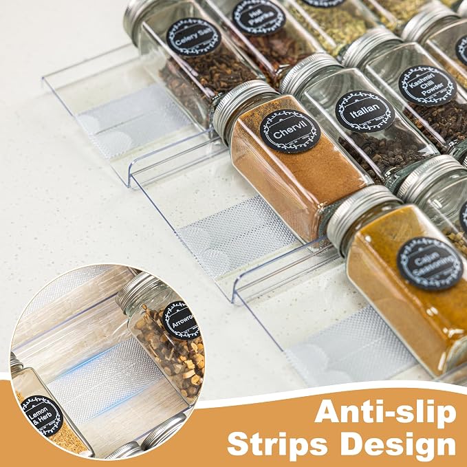 8-Pack Spice Drawer Organizer, Expandable Acrylic Seasoning Rack (13" to 26") with Anti-Slip Mat, Kitchen Spice Rack Holds up to 56 Jars (Jars Not Included)