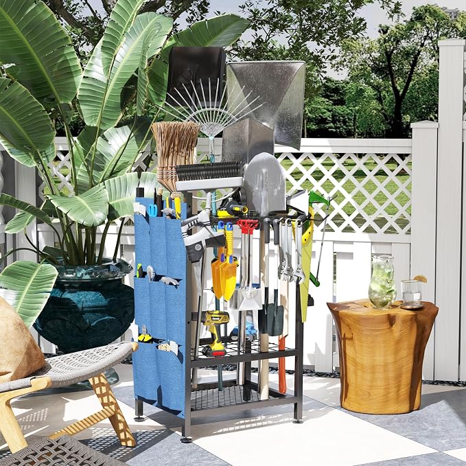 Garden Tool Organizer, Garden Yard Tool Rack for Garage, Garage Organization and Storage, Metal Yard Tools Storage up to 46 Tools/Rake/Broom/shovel/, Suitable for Garage, Yard, Patio, Shed