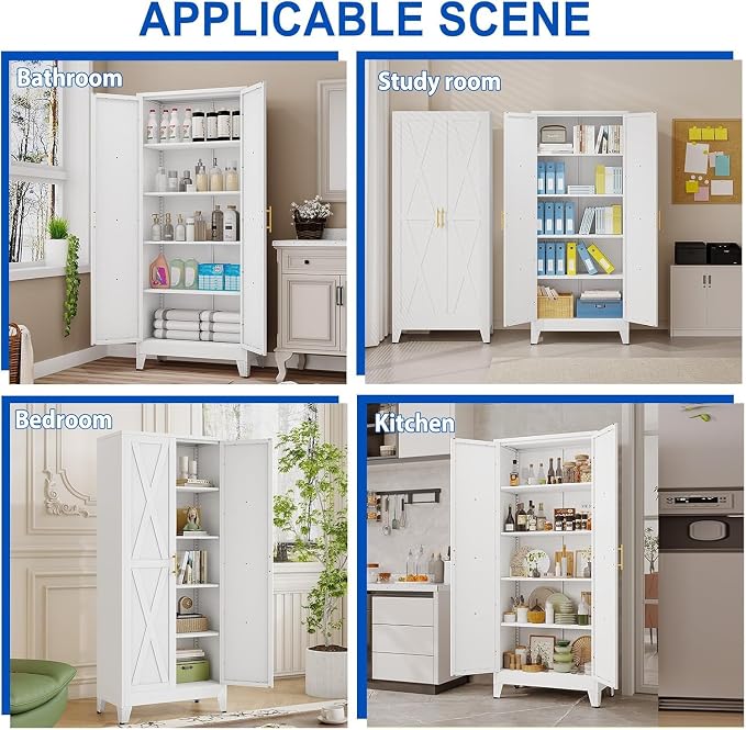 71" Metal Storage Cabinet with 2 Doors and 4 Adjustable Shelves,White Farmhouse Kitchen Pantry Cabinet,Steel Garage Tool Cabinet,File Cabinetfor Home,Office,Dinning Living Room,Warehouse