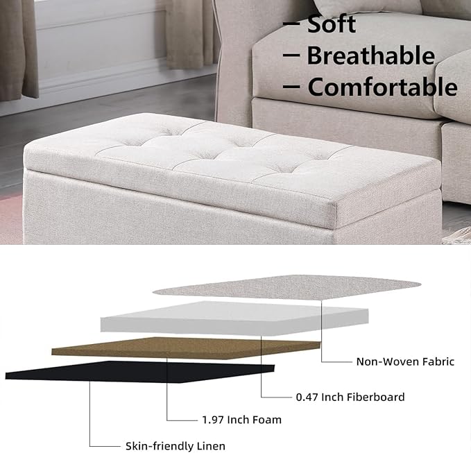 31.5'' Storage Ottomans Set of 2, Beige Tufted Fabric Bench Stool | 2.56" Thick Cushion, Sturdy for Adult Weight, Hinged Flip-top Safe Open, No Tools Assembly