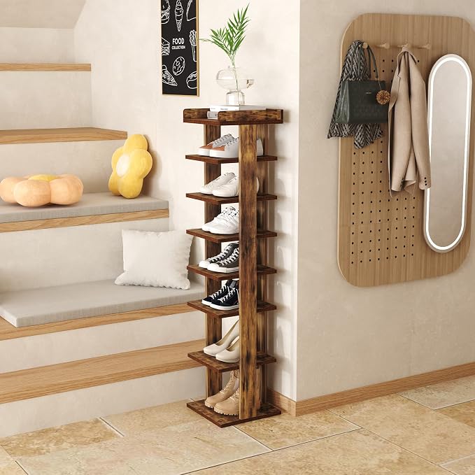HOMEFORT 7-Tier Wood Shoe Rack, Entryway Shoe Tower,Vertical Shoe Organizer, Wooden Shoe Storage Stand, Rustic Brown