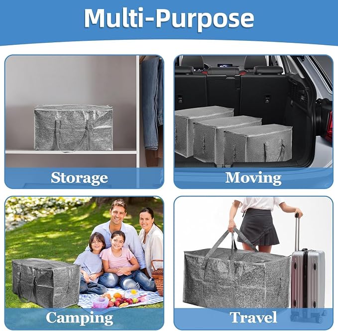 16 Pack-Extra Large Heavy Duty Moving Bags - Waterproof Storage Totes with Handles & Zippers, Foldable for College Dorm, Storage (Gray)