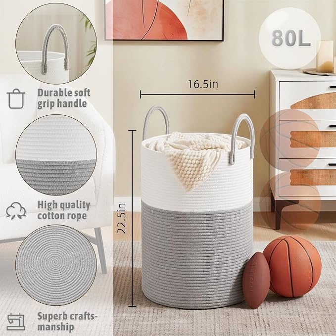 Artfeel Laundry Basket,Woven Cotton Rope Laundry Hamper,80L for Decorative Storage of Dirty Clothes,Toys and Blankets in Bathroom,Baby Room and Living Room