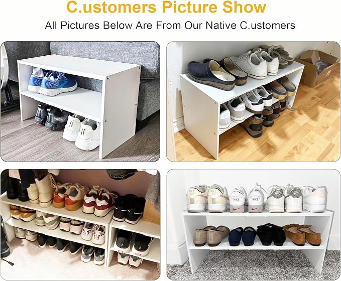 White Shoe Rack Organizer for Closet, 2-Tier Expandable Shoe Shelf, Stackable Iron Wood Combination Small Shoe Racks Shelves for Closets, Entryway,Small Space,Hallway,Bedroom,Bathroom,6-12 Pairs
