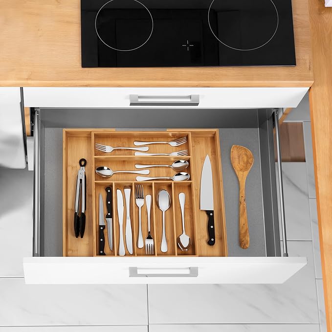 Purawood Bamboo Drawer Organizer, 2 Pack - Expandable Silverware Organizer & Utensil Organizer, Cutlery Tray with Dividers, 7-9 Slots- Premium Kitchen Organizer for Utensils & Flatware (Natural)