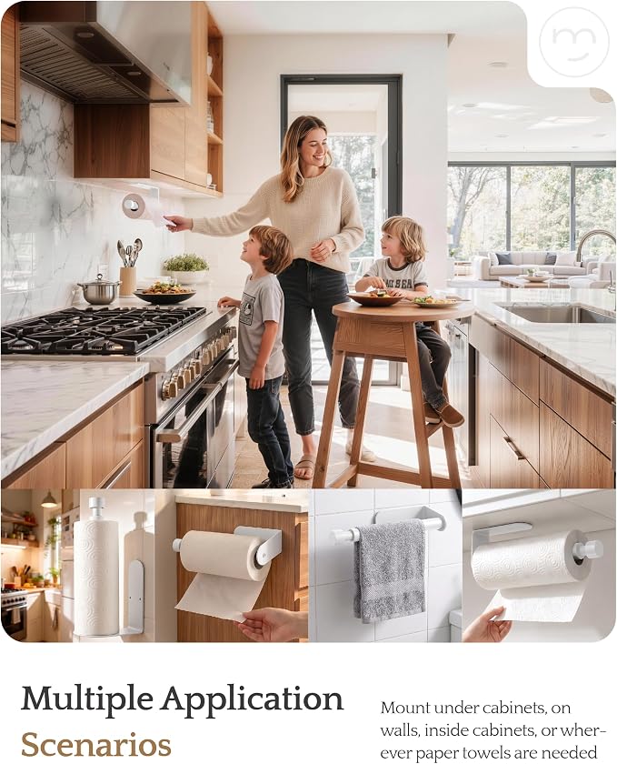 Paper Towel Holder Under Cabinet Adhesive or Drilling White | Drill Wall Mount or Adhesive, Easy Roll Loading, Heavy Duty, Stainless Steel Paper Towel Roll Rack for Kitchen, Bathroom
