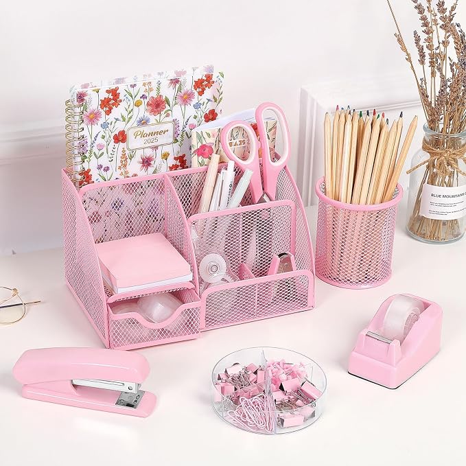 SKYDUE Pink Desk Accessories, Pink Office Supplies Set, Mesh Desk Organizer, Stapler, Tape Dispenser, Scissors, Binder/Paper Clips and 1000pcs Staples, Desk Organizer for Women, Gifts