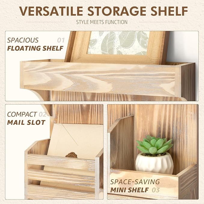 Rebee Vision Key Holder Wall Mount with Drawer for Entryway, Natural Wood | Key Holder for Wall, 6 Key Hooks, Wall Shelf, Drawer Organizer, Mail Sorter, Key Hanger Home Decor, Decorative Home Storage
