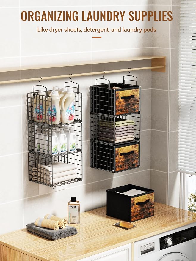 Closet Hanging Organizer with Drawers, 6 Tier Metal Closet Organizers and Storage with 4 Hanging Hooks 4 S-Hooks for Wardrobe Laundry Room, Wire Storage Shelf for Clothes Sweaters Pants (Black)