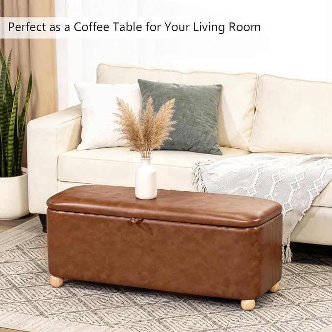 Homebeez 40 inch Storage Ottoman Bench, Faux Leather Upholstered Foot Rest Stool for Bedroom, End of Bed Bench for Living Room, Entryway (Vintage Brown)