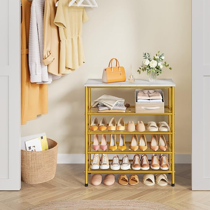 5 Tier Shoe Rack Organizer for 16-20 Pairs of Shoes, White & Gold | Sturdy & Durable, X Shape Fixed Frame, Metal Mesh Shoe Shelf, Industrial, For Closet, For Entryway Shoe Storage