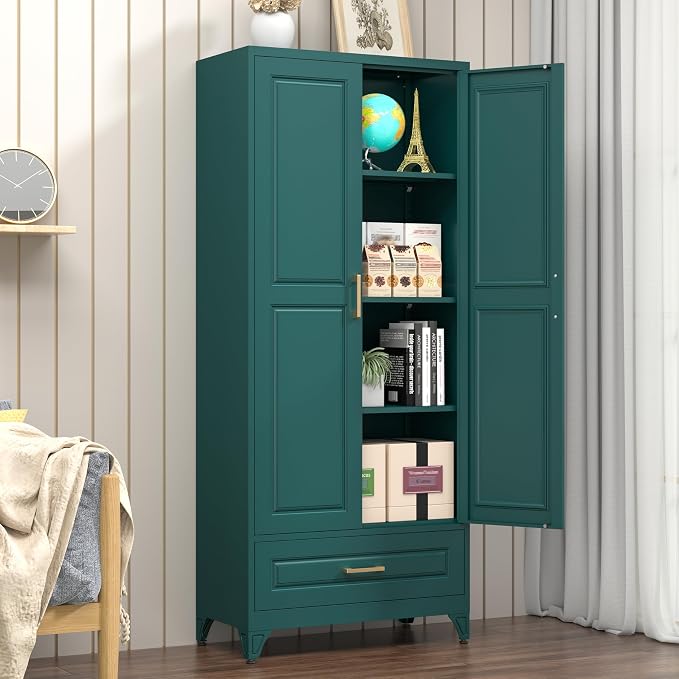 Polup 75" Metal Storage Cabinet, Tall Kitchen Pantry Cabinet with 1 Drawer | Green Heavy-Duty Steel Cupboard, 2 Doors, 3 Adjustable Shelves, Magnetic Latch, Gold Handles, for Dining Living Room, Laundry