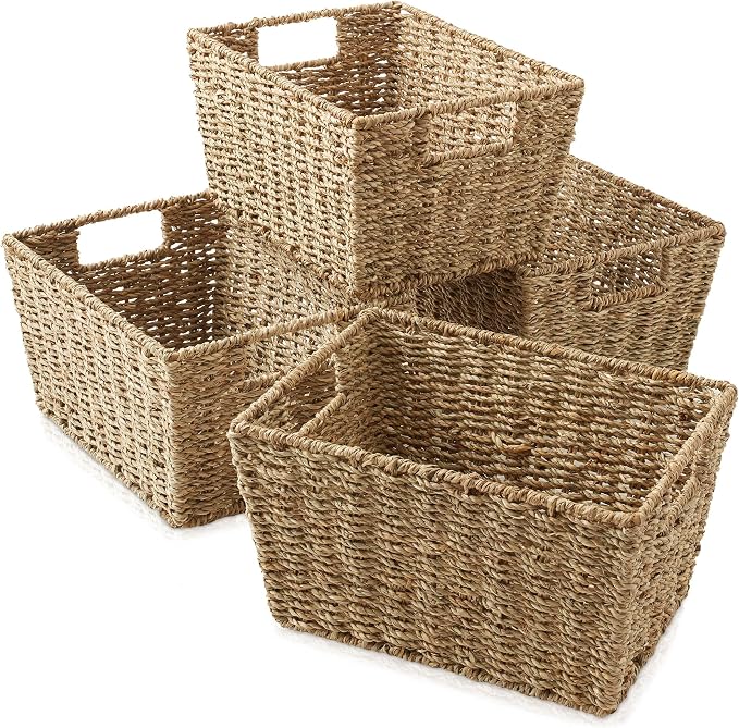 Casafield Set of 4 Seagrass Hyacinth Storage Baskets with Handles - Natural, Woven Storage Bins for Shelves, Blankets, Laundry Organization