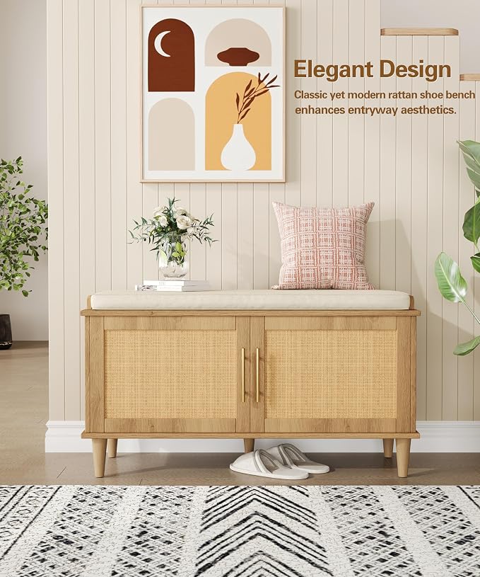 Akxomel 39.4" Rattan Shoe Storage Bench 2 Doors Wooden Entryway Bench Oak | 2 Tier Shoe Bench with Padded Cushion, Adjustable Shelves and 2 Doors, Solid Wood Legs, for Hallway, Living Room, Bedroom