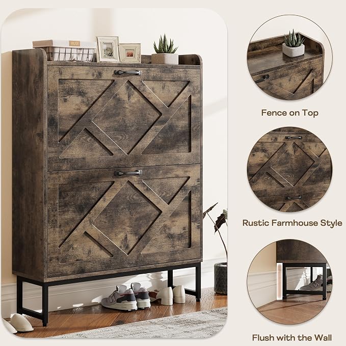 Nicetree Shoe Cabinet with 2 Flip Drawers, Entryway Organizer, Chestnut | Slim Wood Shoe Rack with Metal Legs, Farmhouse Shoe Cabinet Storage for Entryway, Foyer, Hallway, Shoe Dresser with Hook