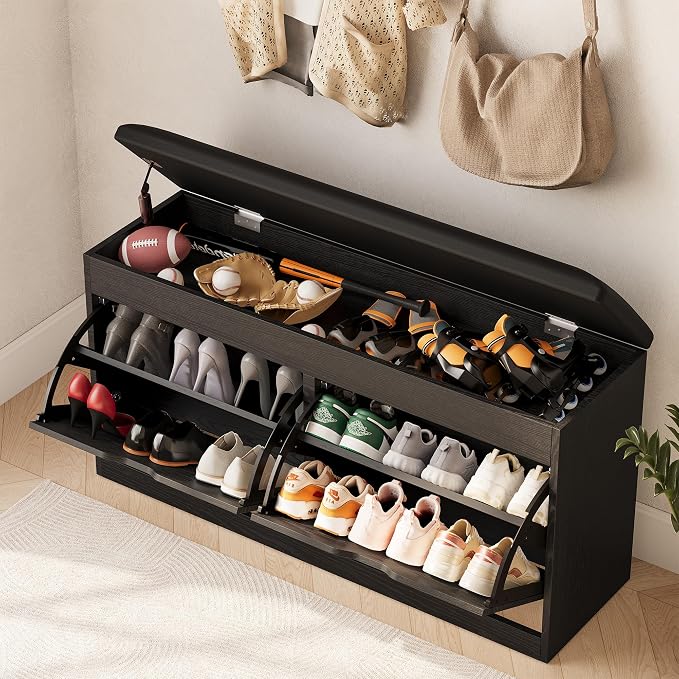 40" Shoe Storage Bench with Flip Drawers Padded Seat Cushion, Shoe Cabinet with Lift Top Storage Box, Shoe Bench Shoe Organizer for Entryway, Hallway, Living Room, Black