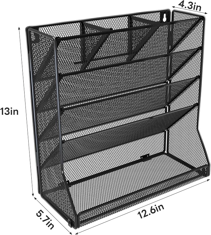 Jakyitvi Wall Mounted File Organizer, Metal Frame Mesh Desktop Sorter | 5-tier hanging style, 4 pull-out dividers, mail sorter, sturdy office supplies, stable R-shaped base, hardware included
